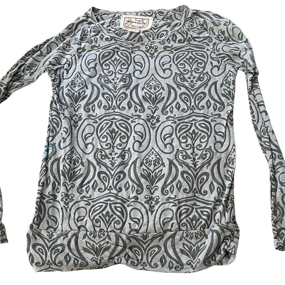 Aventura‎ Grey Damask Print Long Sleeve Banded Hem burnout Cinch Top Medium